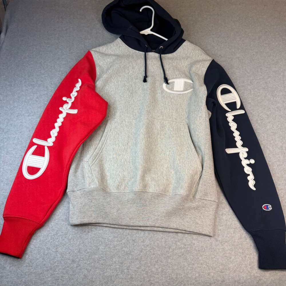 Champion Reverse Weave Colorblock Hoodie Grey Navy Red Chenille Logo Small